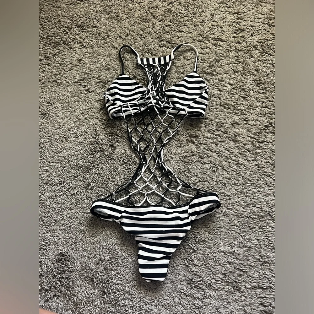 MIKOH Swimwear Xavier Crochet Back One Piece in Black/White Stripe - Picture 3 of 9